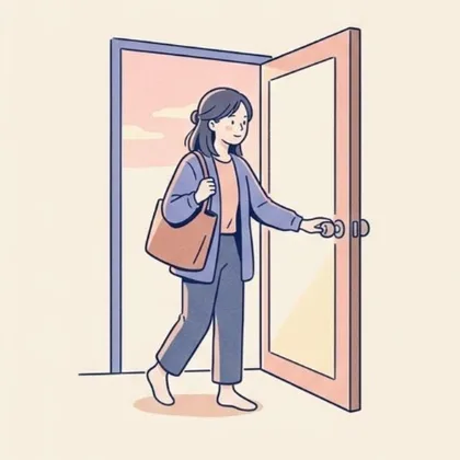 トートバッグを持って明るいドアを開ける女性のイラスト