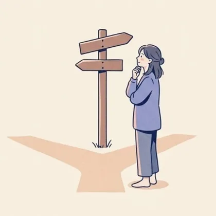 分かれ道の道しるべを見上げる女性のイラスト