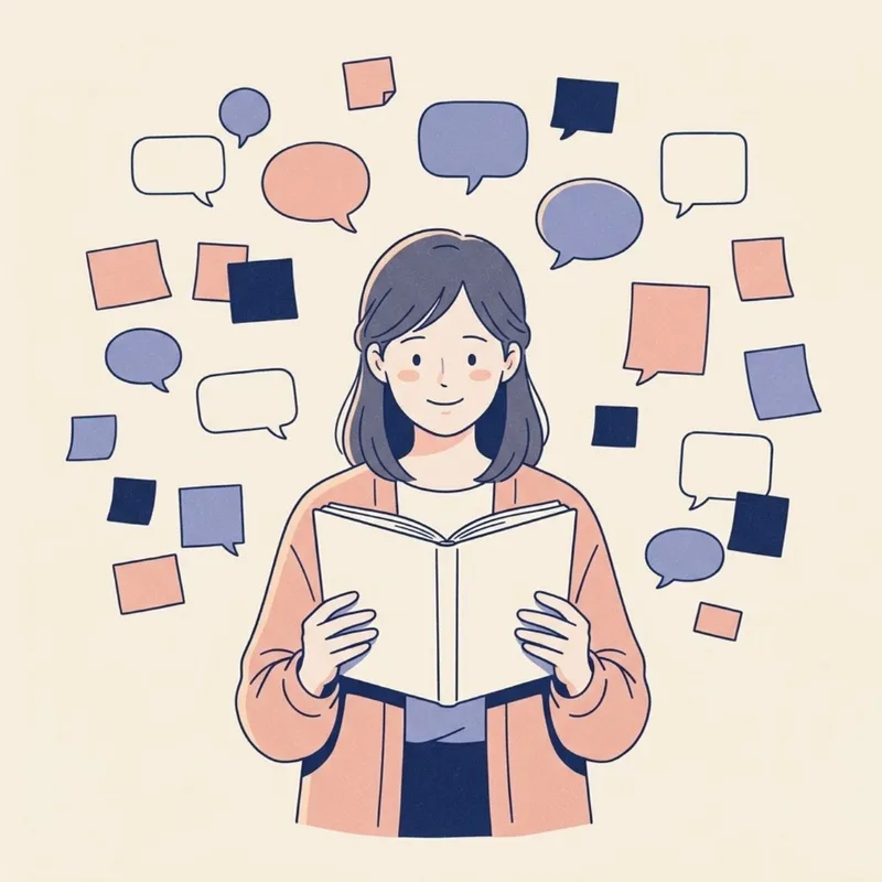 ノートを持つ女性のまわりに、たくさんの吹き出しが浮かんでいるイラスト